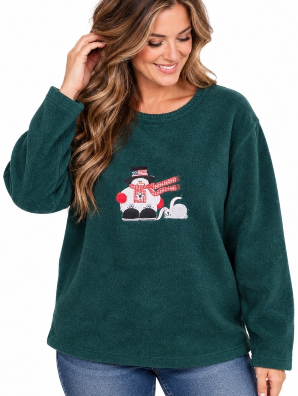 C.D. Sport Too Vintage Green Fleece Snowman Mouse Holiday Pullover 1X